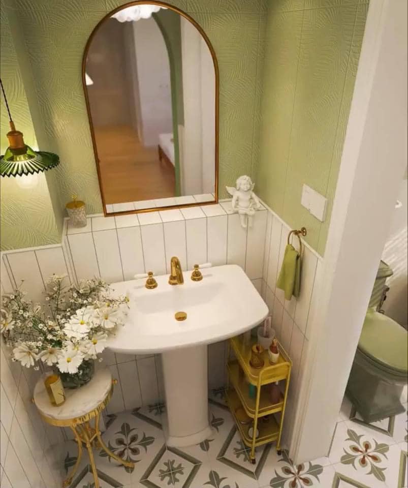 Xinh đẹp sang chảnh với decor phòng tắm xanh bơ phong cách vintage